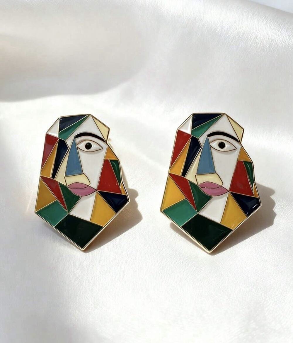 Museum Abstract Picasso Earrings Modern Gold Geometric Art Stud VTG Cubist Face
